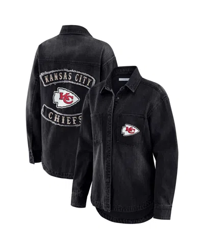Wear By Erin Andrews Black Kansas City Chiefs Washed Oversized Denim Full-snap Shacket In Black