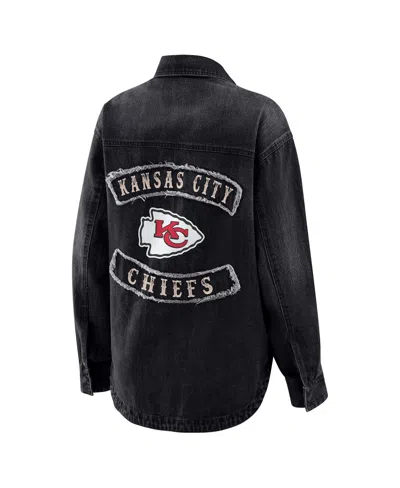 Wear By Erin Andrews Black Kansas City Chiefs Washed Oversized Denim Full-snap Shacket In Black