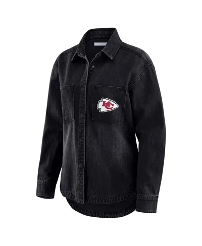 Wear By Erin Andrews Black Kansas City Chiefs Washed Oversized Denim Full-snap Shacket In Black