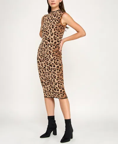Invitee Juniors' Animal Print Mock Neck Midi Sweater Dress In Brown