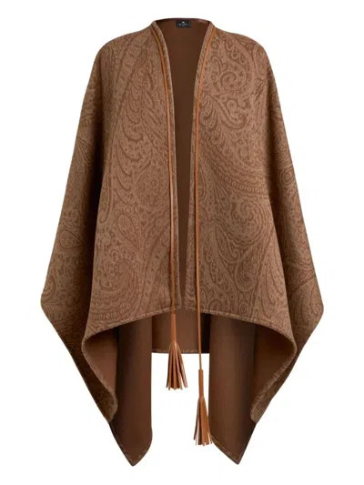 Etro Leather-trimmed Paisley-print Wool-blend Poncho In Brown