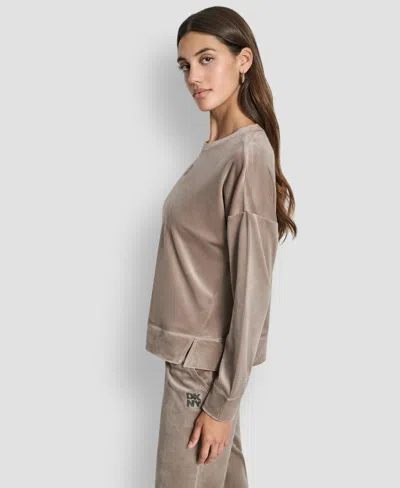 Dkny Women's Velour Rhinestone Two Tone Logo Pullover In Brown