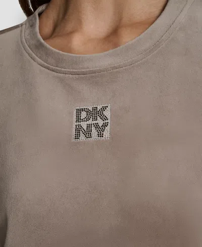Dkny Women's Velour Rhinestone Two Tone Logo Pullover In Brown