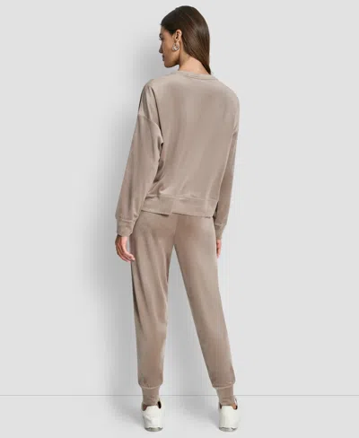 Dkny Women's Velour Rhinestone Two Tone Logo Pullover In Brown