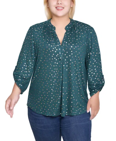 Ny Collection Plus Size Long Roll Tab Sleeve Tunic Top In Green