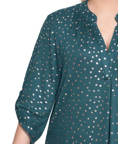 Ny Collection Plus Size Long Roll Tab Sleeve Tunic Top In Green
