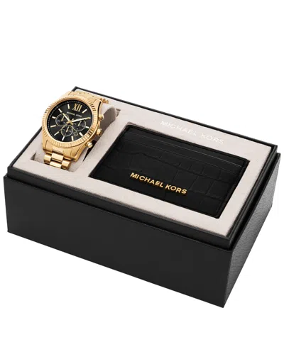 Michael Kors Men's Lexington Chronograph Gold-tone Stainless Steel Watch Set, 44mm In Gold