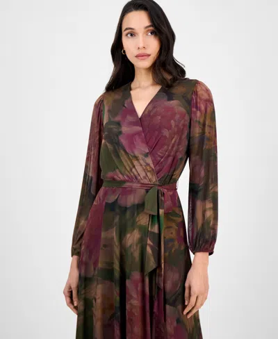 Robbie Bee Petite Long-sleeve Printed Mesh Midi Dress In Multi