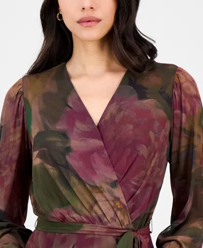 Robbie Bee Petite Long-sleeve Printed Mesh Midi Dress In Multi