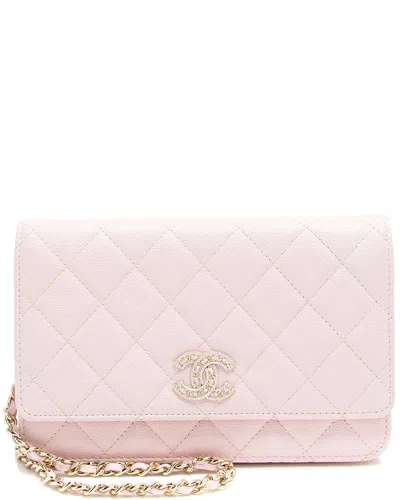 Pre-owned Chanel Pink Caviar Leather & Crystal Cc Wallet On Chain (authentic Pre-loved)