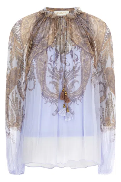 Zimmermann Multicolor Blouse With Ruched Collar And All-over Paisley Motif In Viscose Woman In Purple