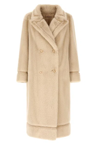 Twinset Double-breasted Faux-fur Coat In Sand