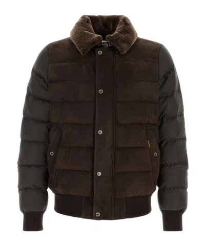 Moorer Viani Suede Padded Jacket With Shearling Collar In Brown