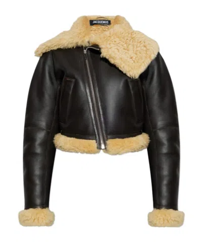 Jacquemus Lamb Shearling Aviator Jacket In Black