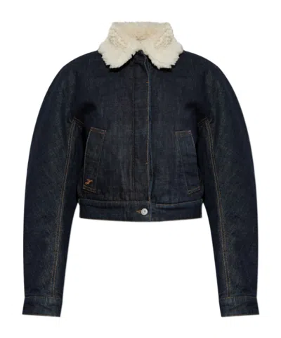 Jacquemus Le Bomber De-nimes Ovalo Blue Jacket With Fur Collar And Two Front Welt Pockets In Denim Woman In Black