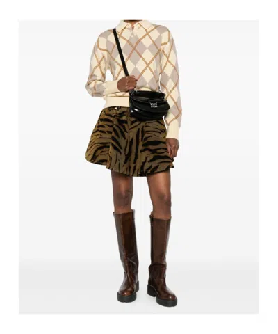 Ganni Printed Flock Denim Mini Skirt Khaki In Green