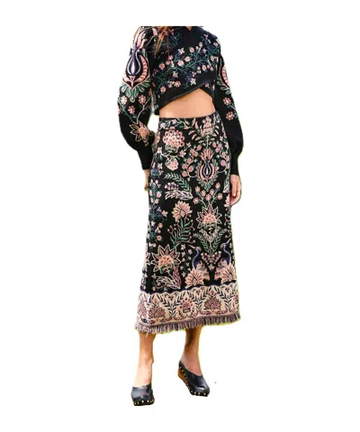 Farm Rio Intricately Patterned Midi Skirt With Fringe Trim In Black