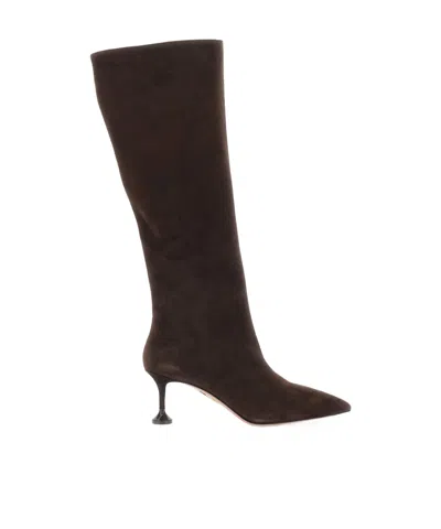 Aquazzura Brown Boots With High Stiletto Heel In Suede Woman In Brown