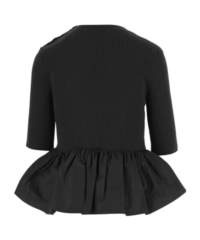 Patou Ribbed Sweater With Ruffled Hem In Wool And Faille In Black