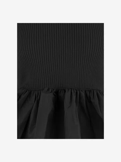 Patou Ribbed Sweater With Ruffled Hem In Wool And Faille In Black