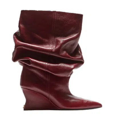 Balmain Textured Leather Wedge Ankle Boot In Burgundy