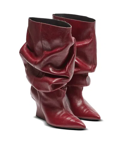 Balmain Textured Leather Wedge Ankle Boot In Burgundy