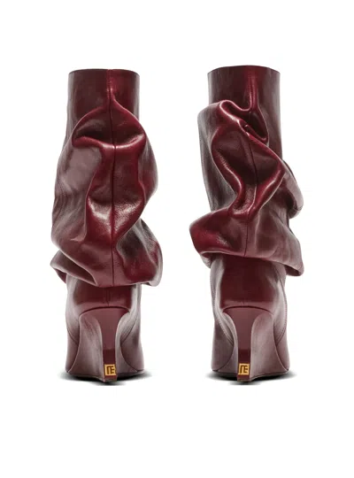 Balmain Textured Leather Wedge Ankle Boot In Burgundy
