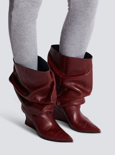 Balmain Textured Leather Wedge Ankle Boot In Burgundy