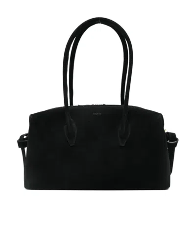 Yuzefi Rectangular Suede Shoulder Bag With Top Handles In Black