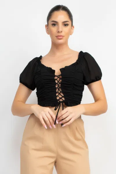 Truedames Back Shirred Ruffled Lace-up Crop Top In Black