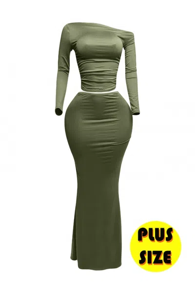 Truedames Plus Size One Side Off Shoulder Top & Skirt Set In Green