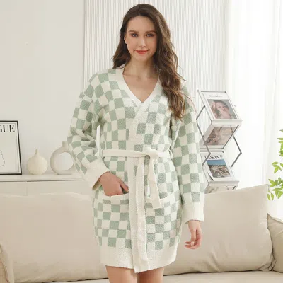 Truedames Checkered Robe With Pockets And Belt In Green