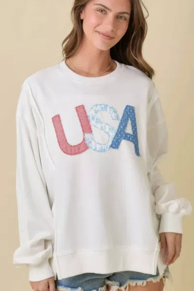 Truedames 4th Of July Usa Patchwork Crewneck Long Sleeve Top In White