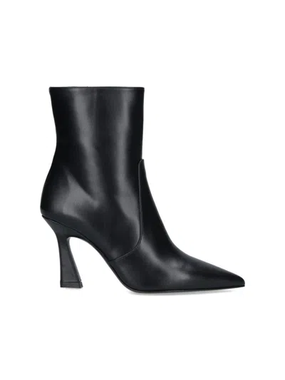 Stuart Weitzman Pointed Toe Ankle Boots With Sculpted Mid-height Heel In Black