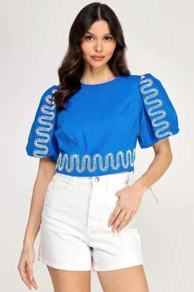 Truedames Puff Bubble Sleeve Top With Embroidery Detail In Blue
