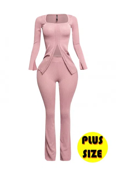 Truedames Plus Size Ribbed Pant Set With Slit Detail In Pink