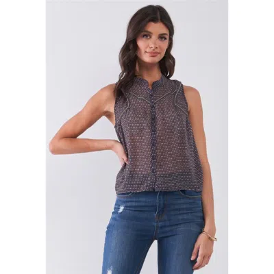 Truedames Purple & Multi Sleeveless Mock Neck Front Button Down Sheer Blouse Top In Blue