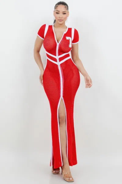 Truedames Netting 2 Way Front Zipper Maxi Dress In Red