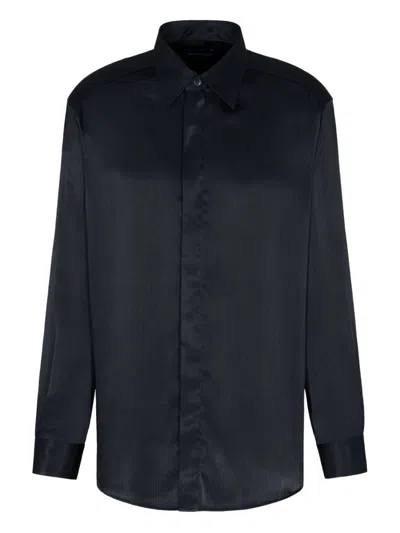 Emporio Armani Long Sleeve Satin Shirt With Spread Collar In Black