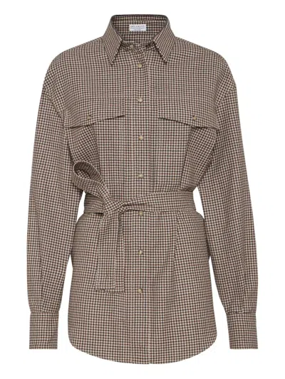 Brunello Cucinelli Check-pattern Shirt With Belt And Shiny Collar Detail In Brown