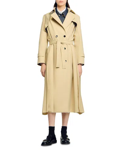Sandro Belted Double Breasted Trench In Neutral