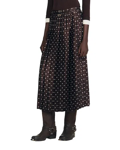 Sandro Pleated Patterned Midi Skirt In Brown