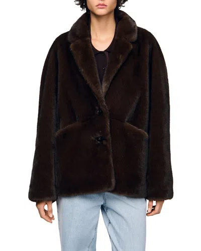 Sandro Alaska Faux Fur Jacket In Brown