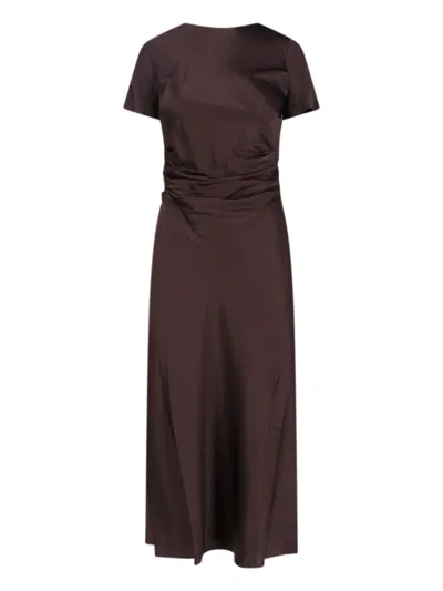 Staud Silk Midi Dress With Ruffles And V-neck In Brown