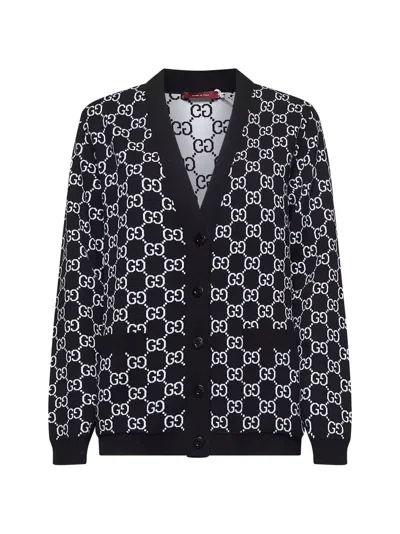 Gucci Black Reversible Cardigan With V Neck In Gg Canvas Woman