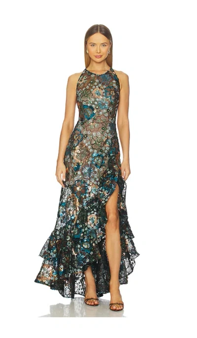 Bronx And Banco Sicilia Sequin Floral High-low Ruffle Gown In Multi