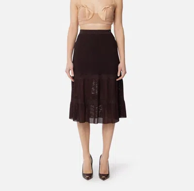Elisabetta Franchi Ribbed Texture Midi Skirt With Sheer Panels In Brown