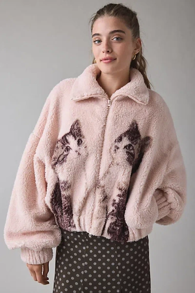 Kimchi Blue Snow Bunny Printed Piled Fleece Zip-up Jacket In Pink Cat Tapestry, Women's At Urban Outfitters In Brown