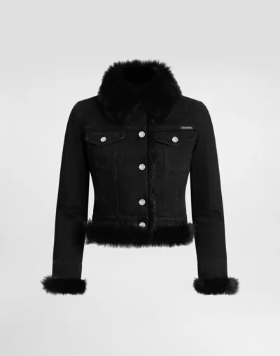 Dolce & Gabbana Cropped Denim Jacket Fur Cuffs In Black