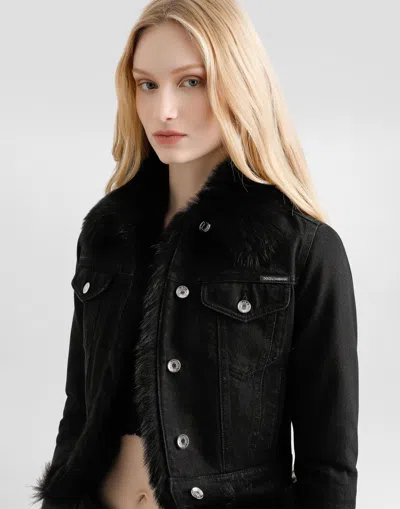 Dolce & Gabbana Cropped Denim Jacket Fur Cuffs In Black